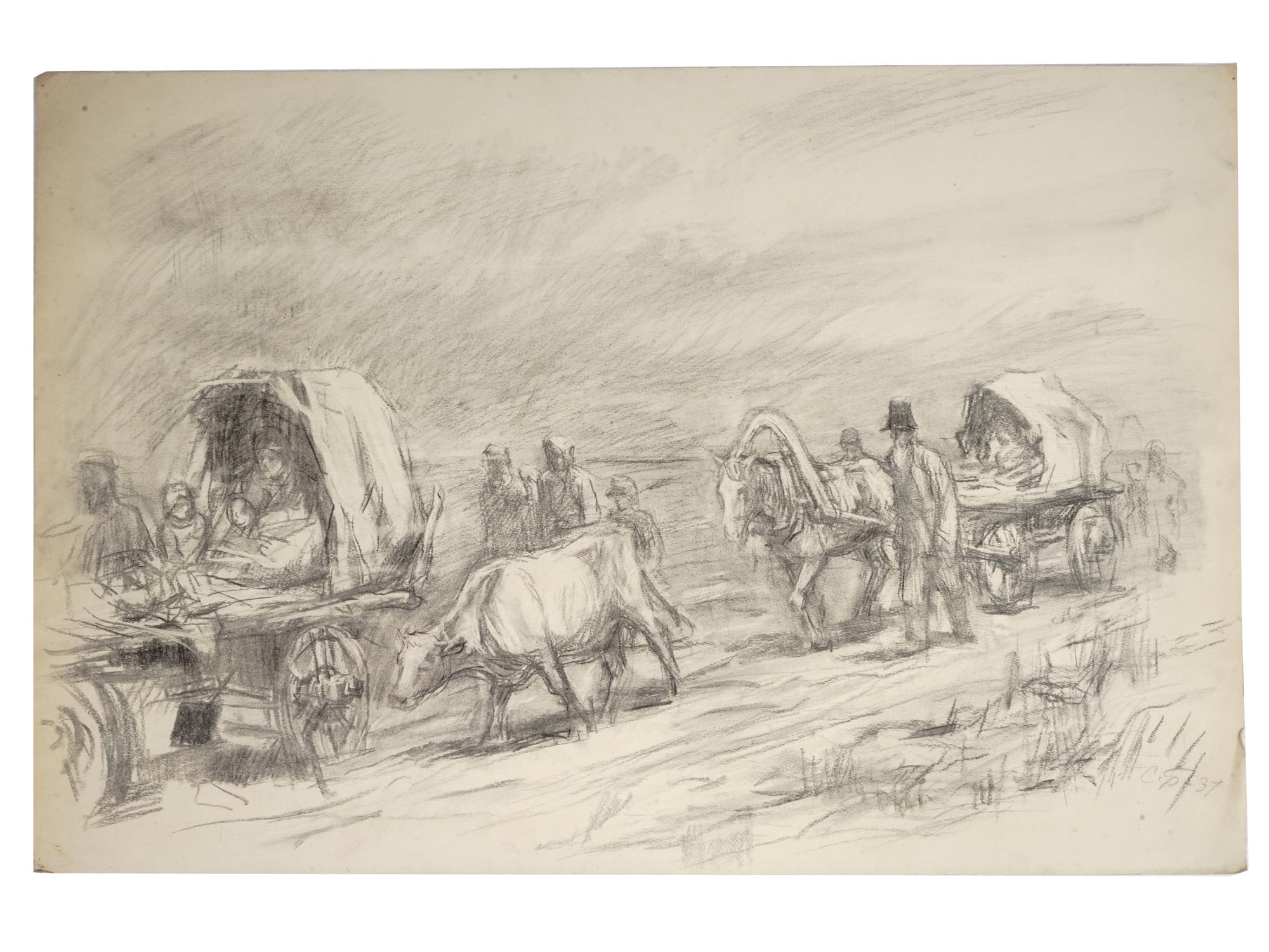 RUSSIAN CHARCOAL DRAWING SETTLERS BY SOLOMON BOIM PIC-0